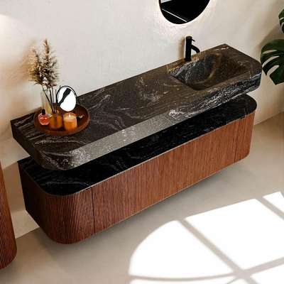 MONDIAZ THOR-DLUX Meuble de salle de bains 170cm arrondi gauche + droite couleur Ruby avec 1 tiroir et 2 portes. Vasque suspendue CLOUD Droite 1 trou de robinet couleur Lava.