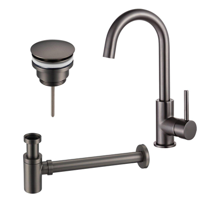 FortiFura Calvi Kit robinet lavabo - robinet haut - bec rotatif - bonde non-obturable - siphon design bas - Gunmetal PVD