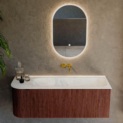 Mondiaz KURVE-DLUX Ensemble de meuble salle de bain - 125x46x40cm - 1 tiroir - 1 porte - lavabo en solid surface - droite - sans trou de robinet - Ruby