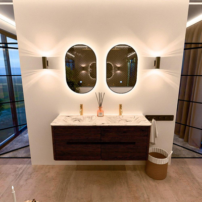 Mondiaz CIRO-DLUX Badkamermeubelset - 130x45x50cm - Solid surface wastafel Glace - 2 wasbak Dubbel - 2 kraangaten - 4 lades - Walnut
