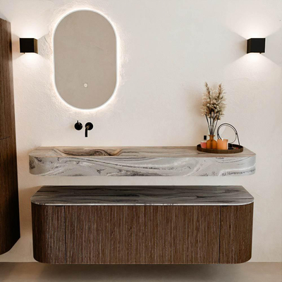 MONDIAZ THOR-DLUX 150cm badmeubel ronding links + rechts kleur Walnut met 1 lade en 2 deuren. Vrijhangende wastafel CLOUD Links zonder kraangat kleur Sombra.