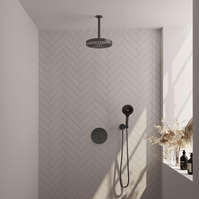 BRAUER Stripe Thermostatische Inbouw Regendouche - 3-weg - rond - SET 42 - 25cm douchekop - plafondarm - 3-standen handdouche - doucheslang - wandaansluitbocht - gunmetal geborsteld PVD