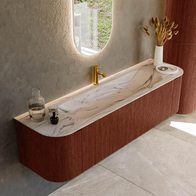 MONDIAZ KURVE-DLUX 170cm badmeubel ronding Links + Rechts kleur Ruby met 1 lade en 2 deuren. Wastafel BIG LARGE Midden 1 kraangat Nata.