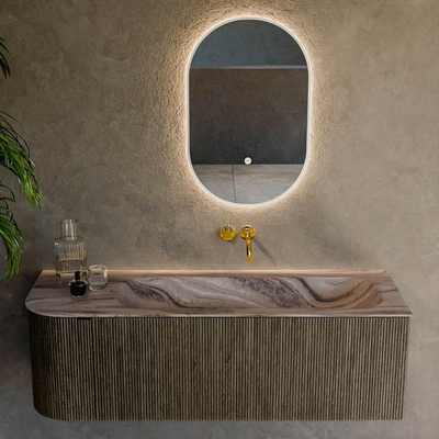 MONDIAZ KURVE-DLUX 135cm badmeubel ronding Links kleur Shadow met 1 lade en 1 deur. Wastafel BIG MEDIUM Rechts zonder kraangat Sombra.