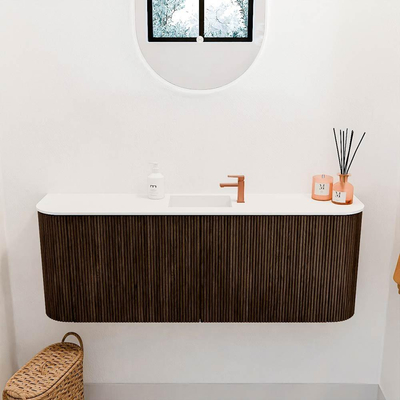 Mondiaz JOYA 113.2cm toiletmeubel - ronding links en rechts kleur Walnut - Wastafel FAYE positie Midden 1 kraangat kleur Talc.