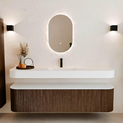 MONDIAZ THOR 180cm meuble de salle de bains arrondi gauche + droite couleur Walnut avec 2 tiroirs et 2 portes. Vasque suspendue CLOUD Milieu 1 trou de robinet couleur Talc.