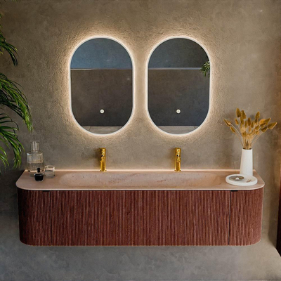 MONDIAZ KURVE-DLUX 170cm badmeubel ronding Links + Rechts kleur Ruby met 1 lade en 2 deuren. Wastafel BIG LARGE Midden 2 kraangaten Saba.