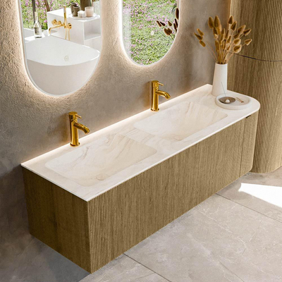 Mondiaz KURVE-DLUX Ensemble meuble de salle de bains - 145x46x40cm - 1 tiroir - 1 porte - lavabo solid surface - double / gauche - 2 trous de robinet - Dusk