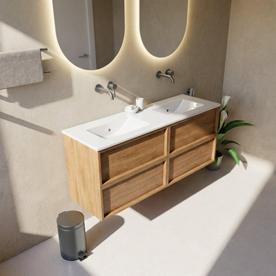 Saniclass Holz Frame Ensemble de meubles de salle de bains - 140x45x62cm - lavabo Vygo en céramique blanc - 2 vasques - sans trous de robinet - 4 tiroirs - chêne naturel brillant (bois)