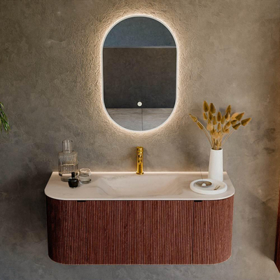 MONDIAZ KURVE-DLUX 110cm badmeubel ronding Links + Rechts kleur Ruby met 1 lade en 2 deuren. Wastafel CLOUD Midden 1 kraangat Meli.