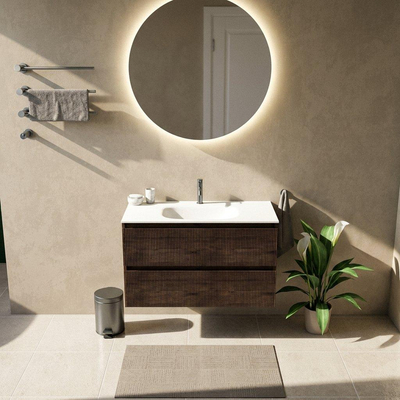 Saniclass Holz Atelier Ensemble meuble de salle de bains - 100x45x61.5cm - Flow vasque en solid surface blanc - 1 vasque - 1 trou de robinet - 2 tiroirs - chêne charcoal mat (bois)