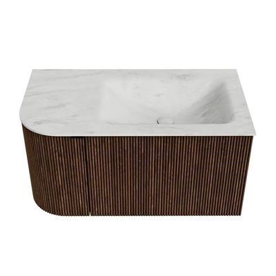 MONDIAZ KURVE-DLUX Meuble de salle de bains 85cm avec module 25 L couleur Walnut avec 1 tiroir et 1 porte. Lavabo CLOUD à droite 1 trou de robinet couleur Opalo.