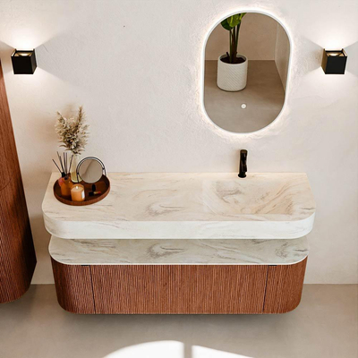 MONDIAZ THOR-DLUX 150cm meuble de salle de bains arrondi gauche + droite couleur Ruby avec 1 tiroir et 2 portes. Vasque suspendue CLOUD Droite 1 trou de robinet couleur Ostra.