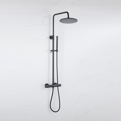 FugaFlow Eccelente Ensemble de douche de tête avec robinet thermostatique - 30cm douche de tête - flexible métallique - douchette à main sur barre - noir mat