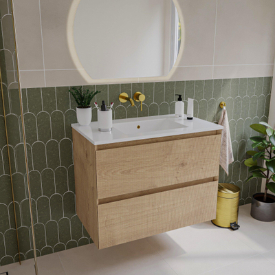 Saniclass Holz Atelier Meuble de salle de bain - 80x45x60cm - lavabo en céramique blanc - 1 vasque - sans trous de robinet - 2 tiroirs - Chêne Natural