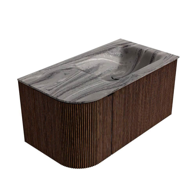 MONDIAZ KURVE-DLUX 85cm badmeubel ronding Links kleur Walnut met 1 lade en 1 deur. Wastafel CLOUD Rechts zonder kraangat Sombra.