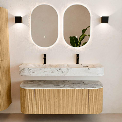 MONDIAZ THOR-DLUX 130cm badmeubel ronding links + rechts kleur Oak met 1 lade en 2 deuren. Vrijhangende wastafel CLOUD Dubbel 2 kraangaten kleur Glace.