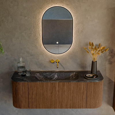 MONDIAZ KURVE-DLUX 130cm Meuble salle de bain avec module 25 G et D - couleur Walnut - 1 tiroir - 2 portes - vasque BIG SMALL centre - sans trou de robinet - couleur Lava