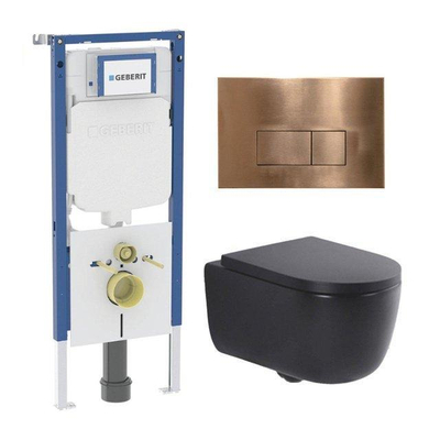 QeramiQ Dely Swirl Pack WC - 36,3x51,7cm - réservoir encastré Geberit UP720 Duofix Sigma - assise 35mm - plaque de commande en cuivre - boutons rectangulaires - noir mat