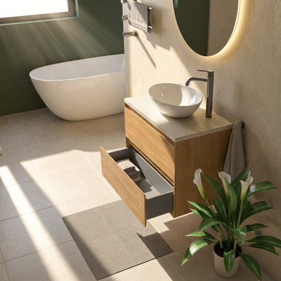 Saniclass Holz Pure Ensemble meuble de salle de bains - 80x45x63cm - Plan de toilette en pierre naturelle travertin - 1 trou de robinetterie - 2 tiroirs - chêne natural mat (bois)