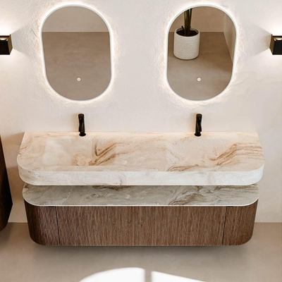 MONDIAZ THOR-DLUX 170cm meuble de salle de bains arrondi gauche + droite couleur Walnut avec 1 tiroir et 2 portes. Vasque suspendue CLOUD Double 2 trous de robinet couleur Frappe.