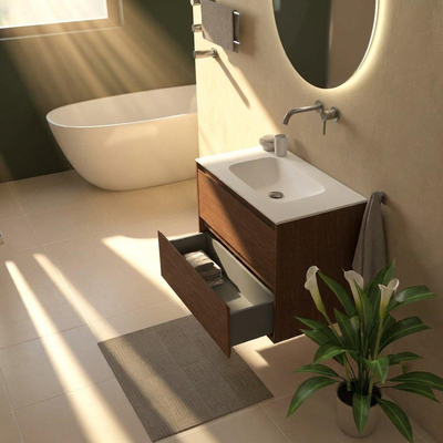 Saniclass Holz Pure Ensemble meuble de salle de bains - 80x45x61.5cm - Flow lavabo en solid surface blanc - 1 vasque - sans trou de robinet - 2 tiroirs - noyer pure mat (bois)