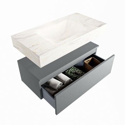 Mondiaz ALAN-DLUX Ensemble de meuble - 90cm - meuble Plata mat - 1 tiroir - Lavabo Cloud Ostra suspendu - vasque Centre - 0 trous de robinet