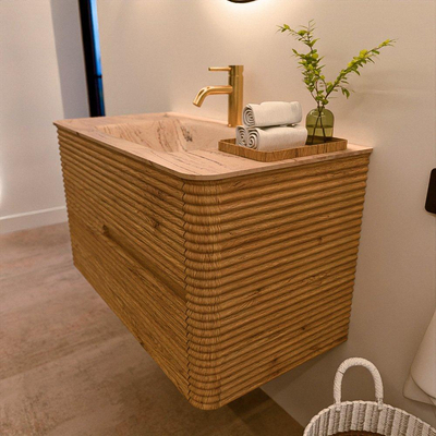 Mondiaz CIRO-DLUX Meuble de salle de bains - 90x45x50cm - Plan-vasque en solid surface Arena - 1 vasque Centrale - 1 trou de robinetterie - 2 tiroirs - Chêne