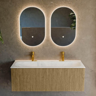 Ensemble de meuble de salle de bain Mondiaz KURVE-DLUX - 120x46x40cm - 1 tiroir - lavabo en solid surface - milieu - 2 trous de robinet - Dusk