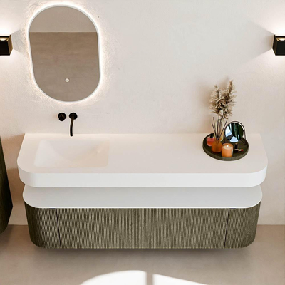 MONDIAZ THOR 170cm meuble de salle de bains arrondi gauche + droite couleur Shadow avec 1 tiroir et 2 portes. Vasque suspendue CLOUD Gauche sans trou de robinet couleur Talc.