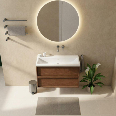 Saniclass Holz Frame Ensemble meuble de salle de bains - 100x45x63.5cm - Bari lavabo en céramique blanc - 1 vasque - sans trou de robinetterie - 2 tiroirs - mat walnut pure (bois)