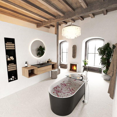 MONDIAZ BUKLA 160cm badmeubel met open module 40 L+R kleur Washed Oak met 1 lades. Wastafel CLOUD midden 1 kraangat kleur Urban.