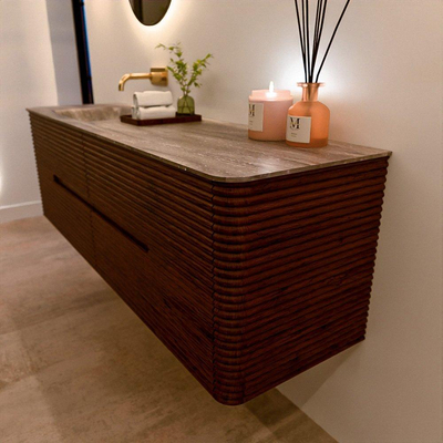 Mondiaz CIRO-DLUX Badkamermeubelset - 160x45x50cm - Solid surface wastafel Oza - 1 wasbak Links - zonder kraangaten - 4 lades - Ruby