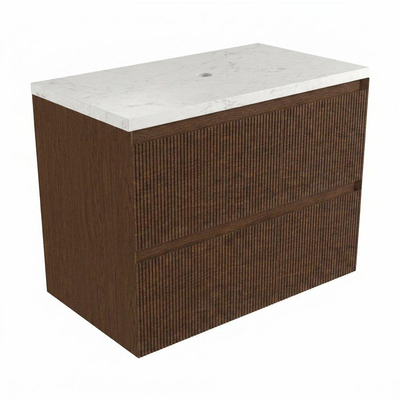 Saniclass Holz Atelier Ensemble de meubles de salle de bains - 80x45x63cm - Plan vasque en marbre Dia poli (blanc) - sans trou de robinetterie - 2 tiroirs - walnut pure mat (bois)