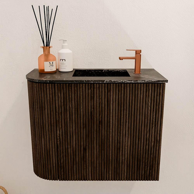 Mondiaz JOYA-DLUX 51.6cm toiletmeubel - ronding links kleur Walnut - Wastafel FAYE positie Rechts 1 kraangat kleur Lava.