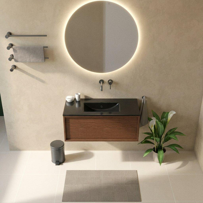Saniclass Holz Frame Ensemble de meubles de salle de bains - 100x45x42cm - lavabo Vygo en céramique noir - 1 vasque - sans trou de robinetterie - 1 tiroir - noyer pure mat (bois)