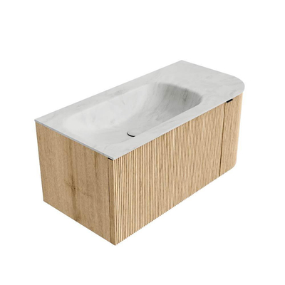 MONDIAZ KURVE-DLUX meuble de salle de bain 95cm avec module 25 R couleur chêne avec 1 tiroir et 1 porte. Lavabo BIG SMALL gauche 1 trou de robinetterie couleur Opalo.