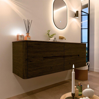 Mondiaz CIRO-DLUX Meuble de salle de bains - 150x45x50cm - Plan vasque solid surface Oza - 1 lavabo à droite - sans trous de robinetterie - 4 tiroirs - Shadow