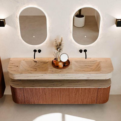 MONDIAZ THOR-DLUX 180cm meuble de salle de bains arrondi gauche + droite couleur Ruby avec 2 tiroirs et 2 portes. Vasque suspendue CLOUD Double sans trou de robinet couleur Arena.