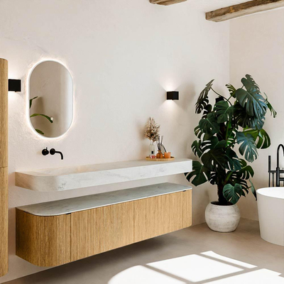 MONDIAZ THOR-DLUX Meuble de salle de bains - 190cm - arrondi gauche + droite - couleur Oak - 2 tiroirs et 2 portes - Vasque suspendue CLOUD gauche sans trou de robinet - couleur Opalo