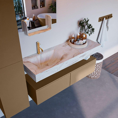 Mondiaz ALAN-DLUX Ensemble de meuble - 130cm - meuble Oro mat - 2 tiroirs - Lavabo Cloud Frappe suspendu - vasque Gauche - 1 trou de robinet