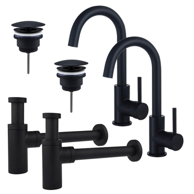 FortiFura Calvi Kit robinet lavabo - pour double vasque - robinet haut - bec rotatif - bonde non-obturable - siphon design - Noir mat