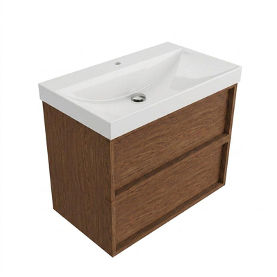 Saniclass Holz Frame Ensemble de meubles de salle de bains - 80x45x67.5cm - lavabo Wave en céramique - 1 vasque - 1 trou de robinetterie - 2 tiroirs - mat noyer pur (bois)