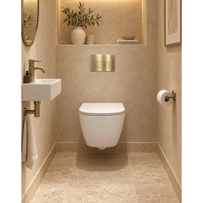 Ensemble WC compact QeramiQ Dely Swirl - réservoir encastré QeramiQ flush - abattant slim - plaque de commande métallique laiton brossé (or) - boutons rectangulaires - blanc mat