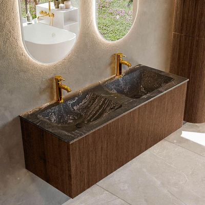 MONDIAZ KURVE-DLUX 120cm badmeubel kleur Walnut met 1 lade. Wastafel LEAF dubbel 2 kraangaten kleur Lava.
