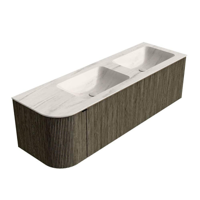 MONDIAZ KURVE-DLUX meuble de salle de bains 145cm arrondi à gauche couleur Shadow avec 1 tiroir et 1 porte. Lavabo LEAF Double / Droite sans trou de robinet Meli.
