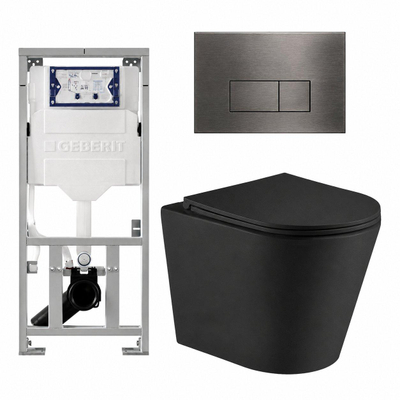 QeramiQ Dely Pack WC cuvette sans bride 36.3x51.7cm avec bâti-support Geberit UP320 abattant WC noir mat frein de chute et plaque de commande Gun metal boutons Rectangulaires