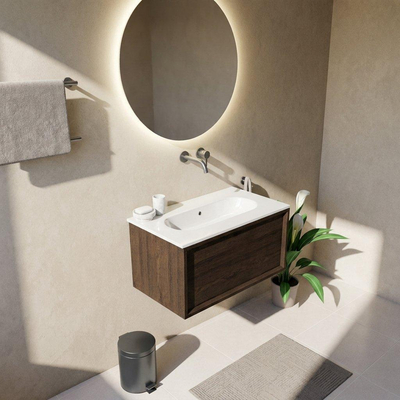 Saniclass Holz Frame Ensemble de meubles de salle de bains - 80x45x53.9cm - lavabo Chaci en céramique blanc - 1 vasque - sans trou de robinetterie - 1 tiroir - chêne charcoal mat (bois)
