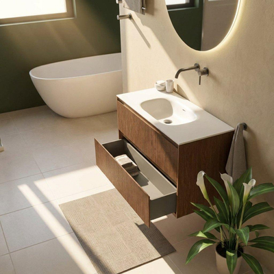 Saniclass Holz Atelier Ensemble de meubles de salle de bains - 100x45x61.5cm - Vasque Flow en Solid Surface blanche - 1 vasque - sans trou de robinet - 2 tiroirs - walnut pure mat (bois)