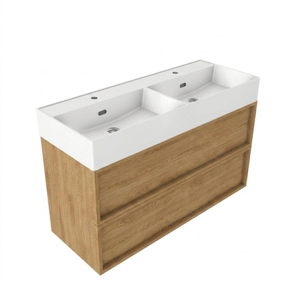 Saniclass Holz Frame Ensemble meuble de salle de bains - 120x45x72cm - lavabo Legend en céramique blanc mat - 2 vasques - 2 trous de robinetterie - 2 tiroirs - chêne natural mat (bois)